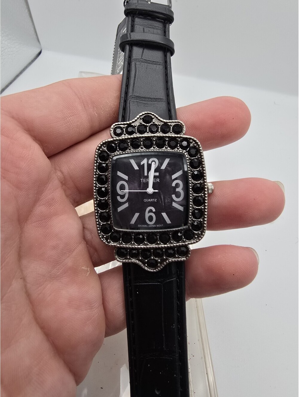 Bijoux Terner QA3368L Ladies Square Black Rhinestone Bezel Quartz Watch Leather